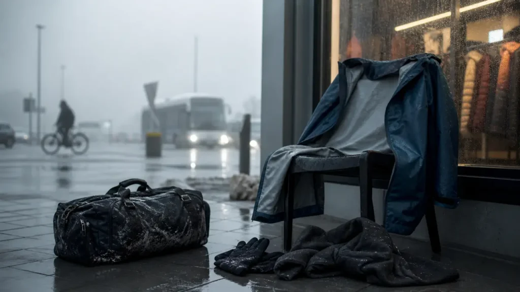 Veste 66 nord en Islande, parking à Reykjavik, matin brumeux.