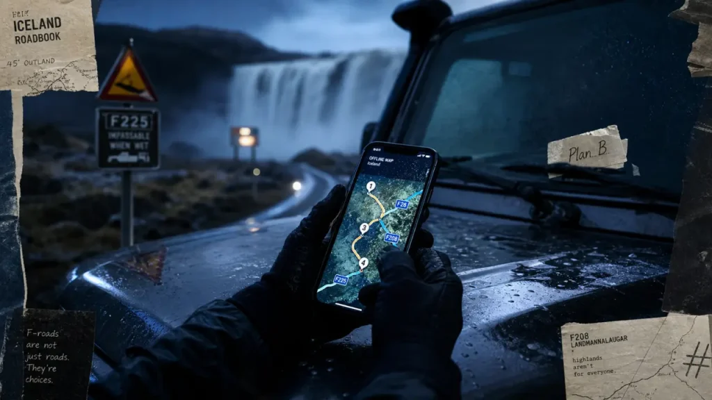 Application road trip Islande hors ligne sur téléphone au 4x4