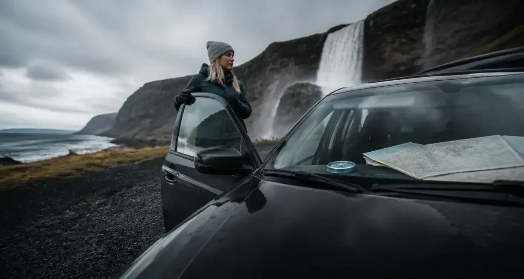 Auto road trip en Islande : voiture noire sur route de gravier, côte Sud
