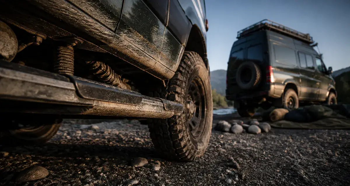 Camping car 4x4 : pneus tout-terrain et garde au sol sur piste boueuse