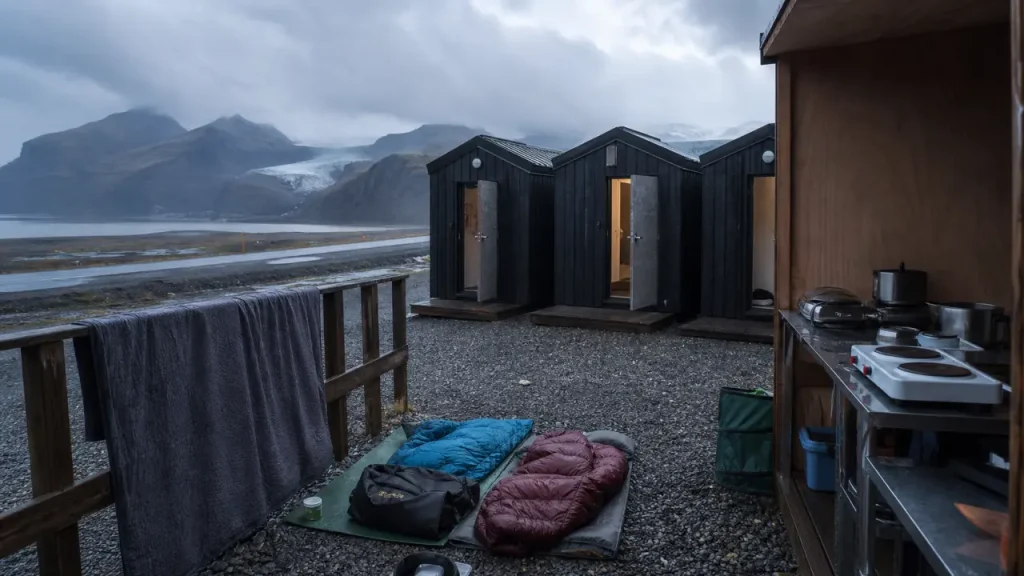 Cabines chauffées du camping Flosi en Islande près de Skaftafell