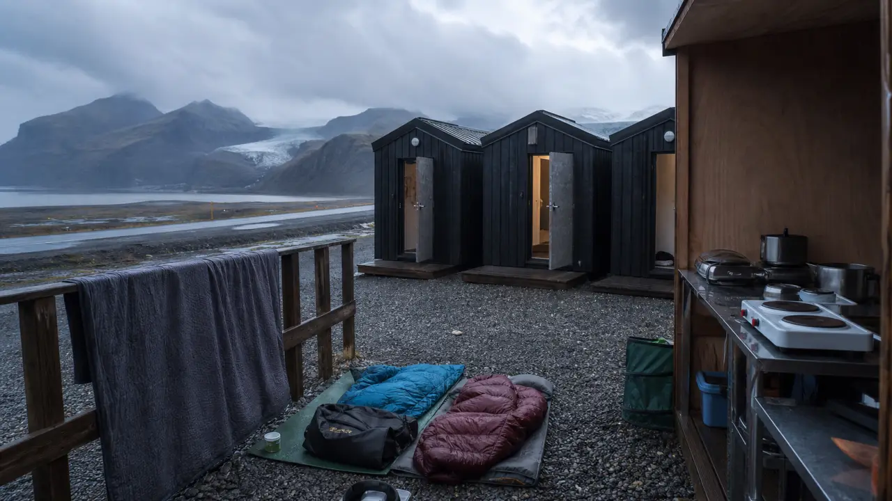 Cabines chauffées du camping Flosi en Islande près de Skaftafell