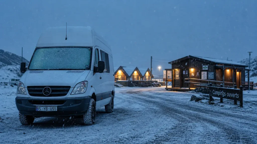 Camping Islande hiver : van en camping enneigé