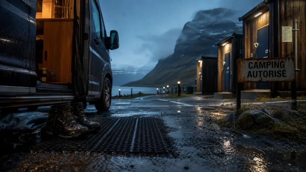 Camping islande van : van aménagé en camping officiel, chaussures trempées devant sanitaires