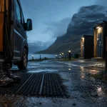 Camping islande van : van aménagé en camping officiel, chaussures trempées devant sanitaires