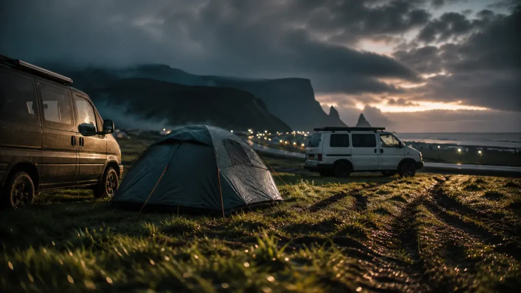Camping vik islande, tente et vans près de la route 1, falaises noires
