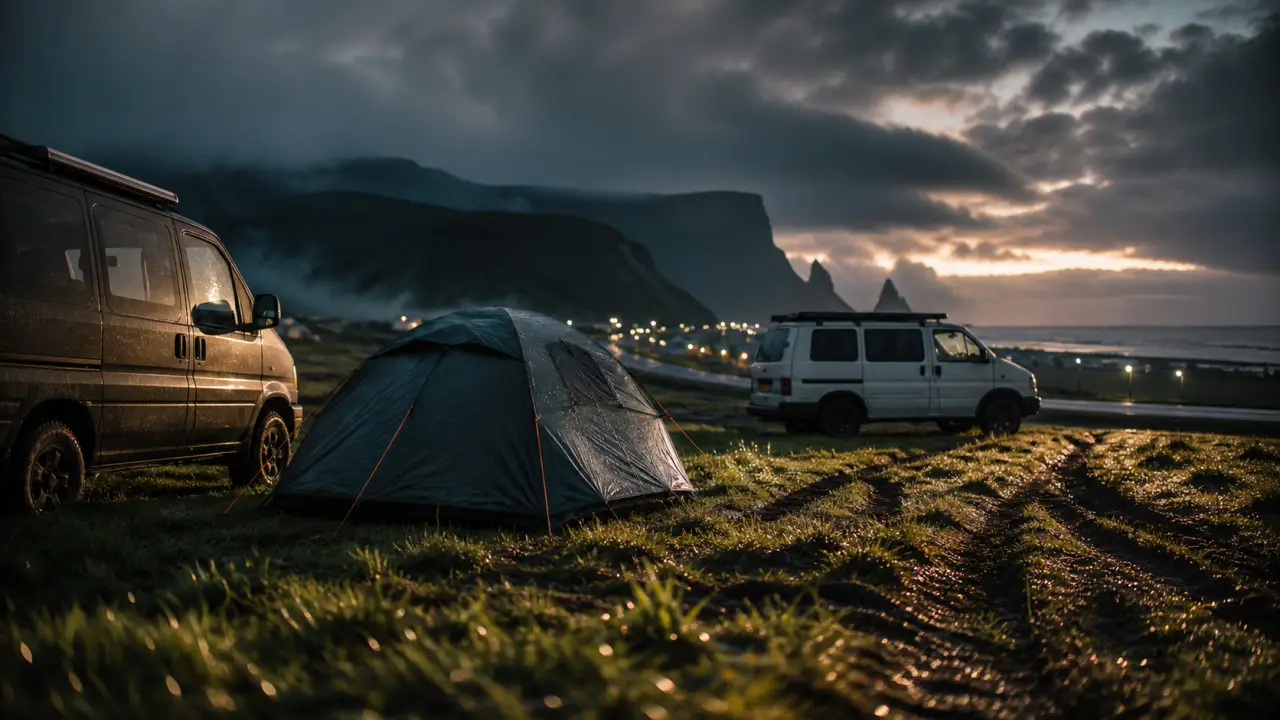 Camping vik islande, tente et vans près de la route 1, falaises noires