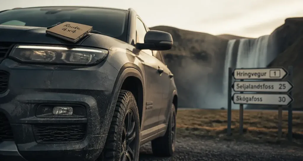 Cars road trip en Islande : SUV 4x4 sur gravier, brume et route