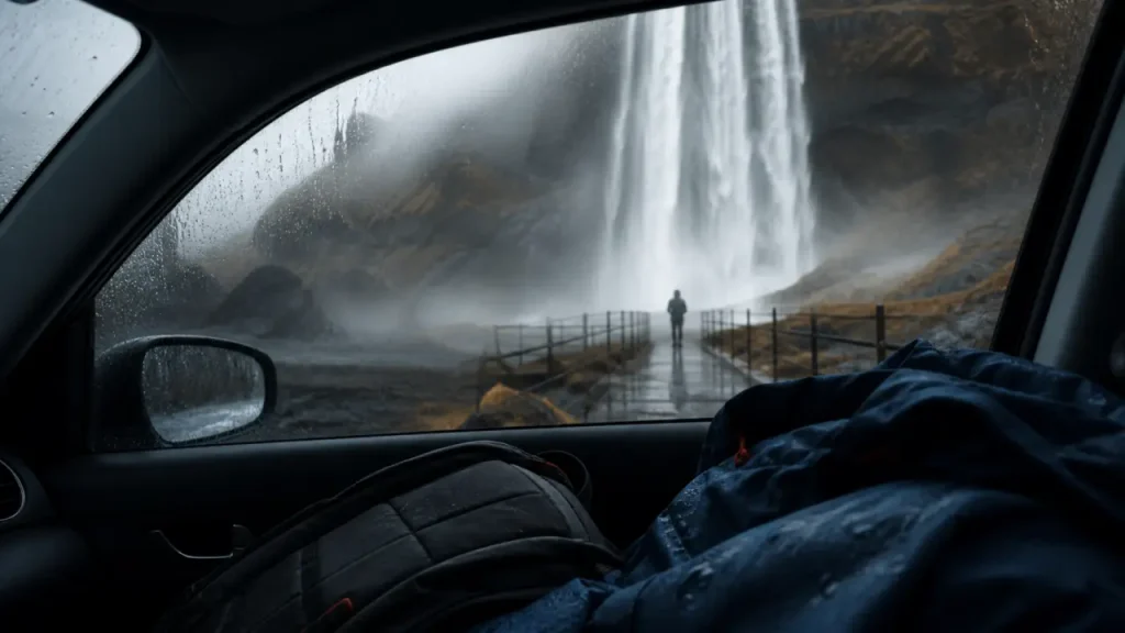 Cascades islande : Seljalandsfoss, vue depuis pare-brise