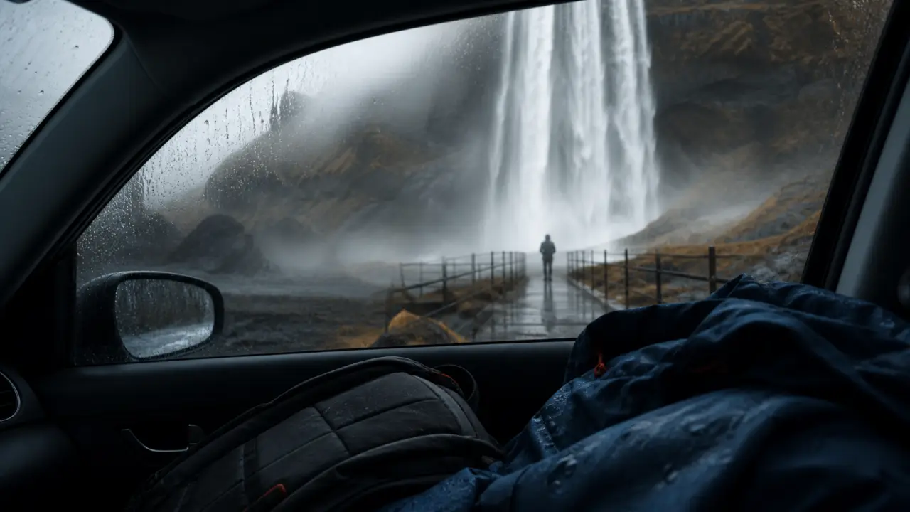 Cascades islande : Seljalandsfoss, vue depuis pare-brise