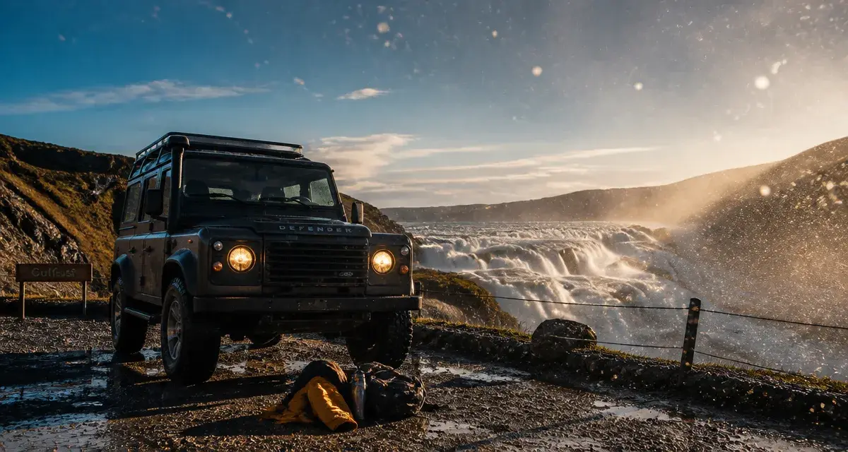 Road trip cercle d’or islande près de Gullfoss, 4x4 et chute d’eau