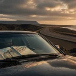 Define road trip : voiture et carte sur route côtière sinueuse