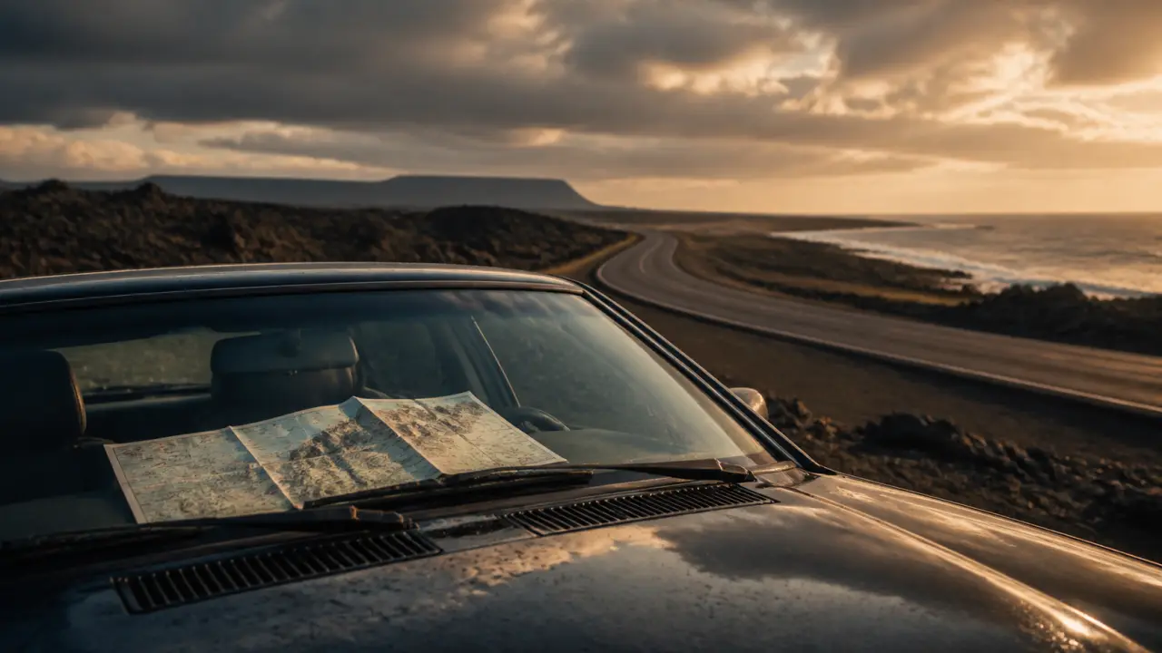 Define road trip : voiture et carte sur route côtière sinueuse