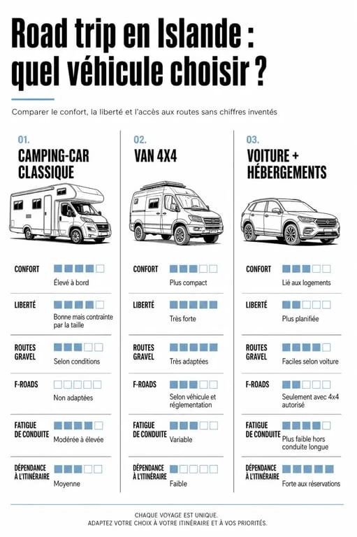 location camping car islande avis : comparatif visuel entre camping-car classique, van 4x4 et voiture + hébergements