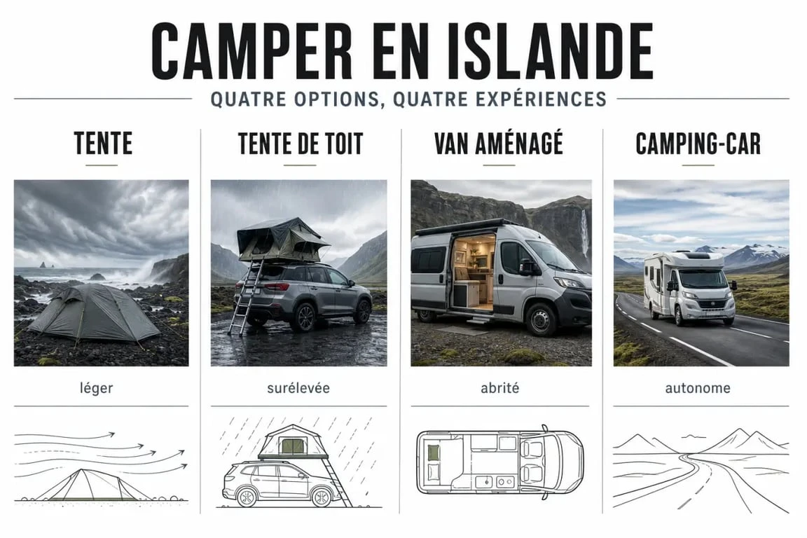 Faire du camping en Islande : comparatif visuel entre tente, tente de toit, van aménagé et camping-car