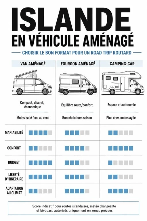 Camping car islande routard : comparaison visuelle van aménagé, fourgon et camping-car pour voyager en Islande