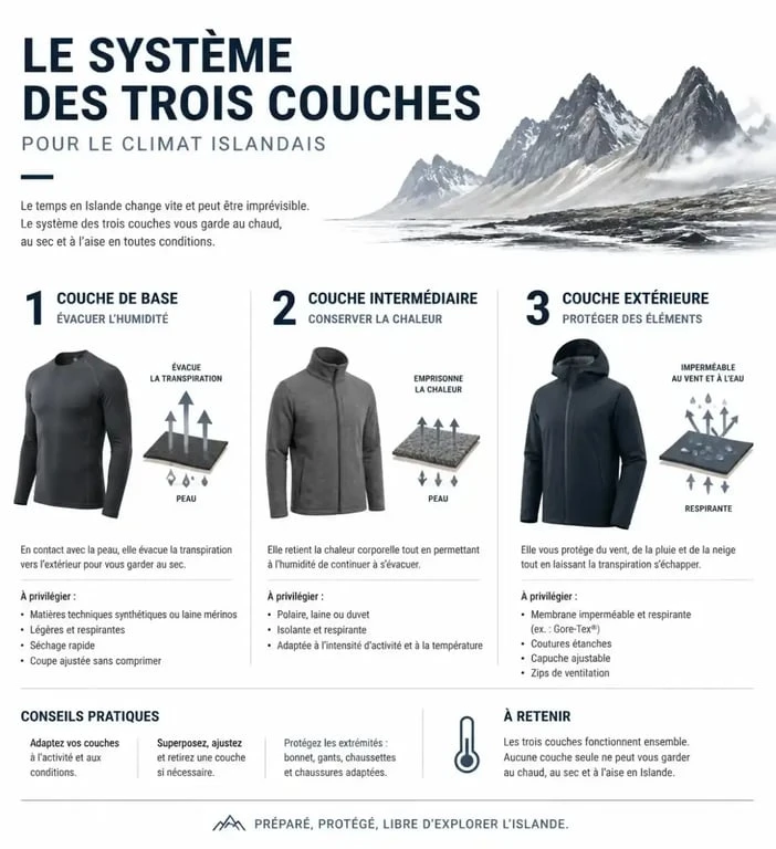 Système des trois couches pour préparer son voyage en Islande
