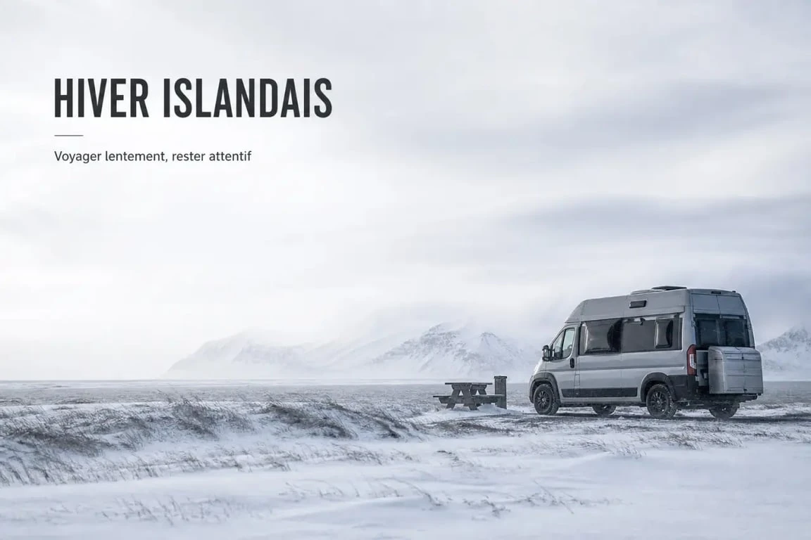 Camping islande hiver : van aménagé dans un camping enneigé en Islande