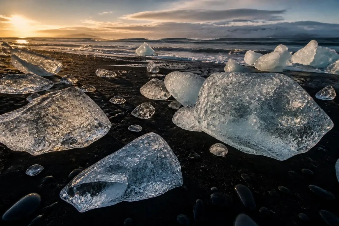 Jökulsárlón : Diamond Beach avec blocs de glace sur sable noir