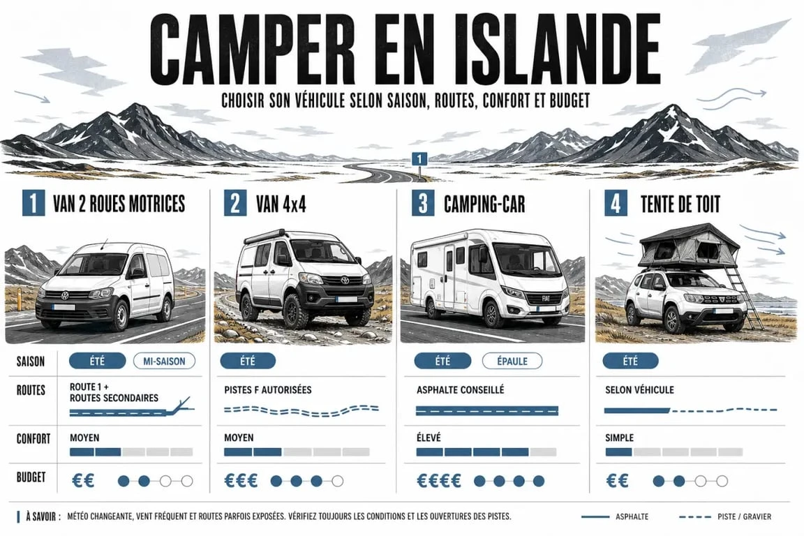 Comparatif camping islande van entre van 2WD, 4x4, camping-car et tente de toit