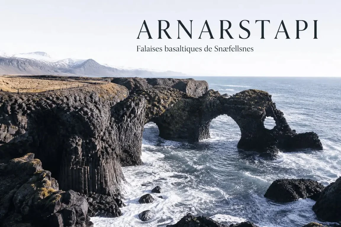 Snaefellsnes Peninsula : falaises d’Arnarstapi, arches de basalte et océan Atlantique