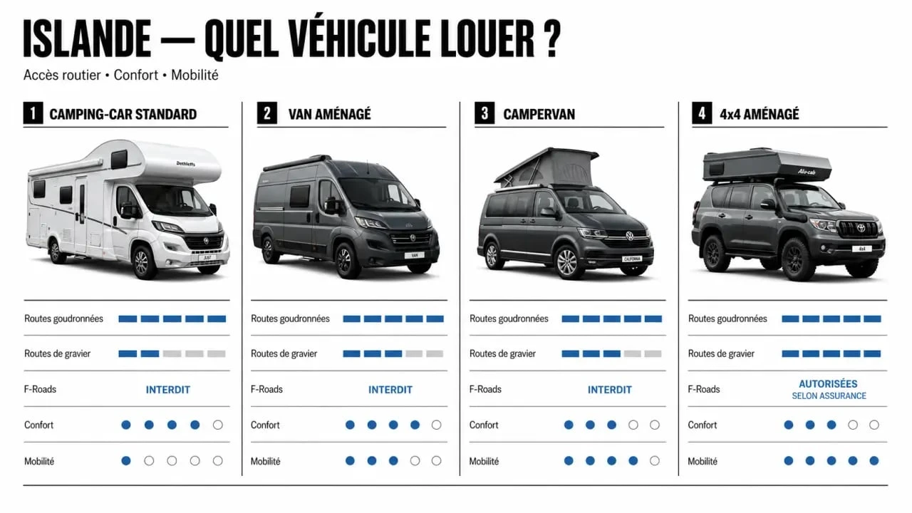 Location camping car 4x4 islande : comparaison visuelle entre camping-car, van, campervan et 4x4 pour choisir le bon véhicule