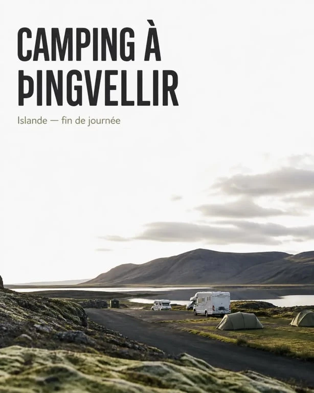 Camping thingvellir islande dans le parc national, avec tentes et camping-cars dans un paysage islandais