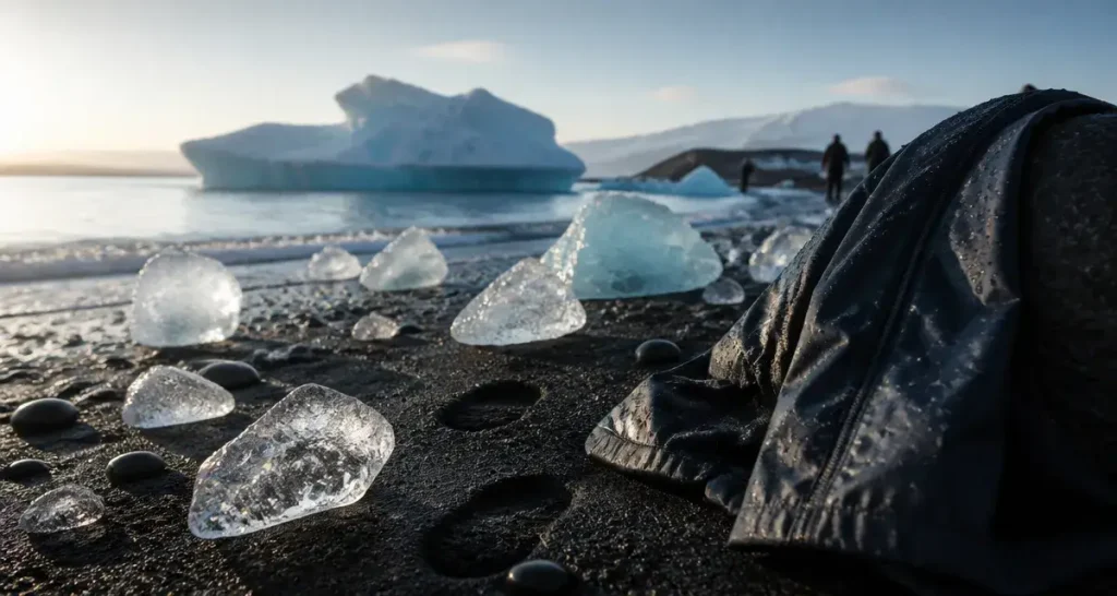 Jökulsárlón plage de diamants : icebergs bleus sur sable noir
