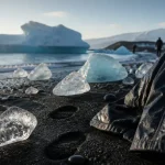 Jökulsárlón plage de diamants : icebergs bleus sur sable noir