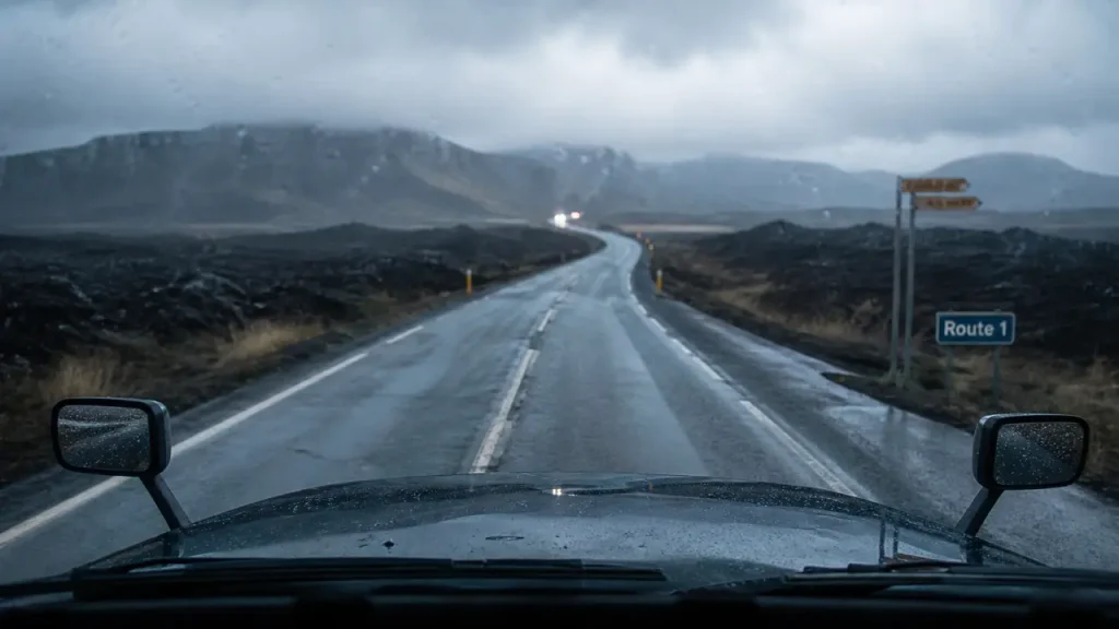 Km tour islande : Route 1, van et route en pluie