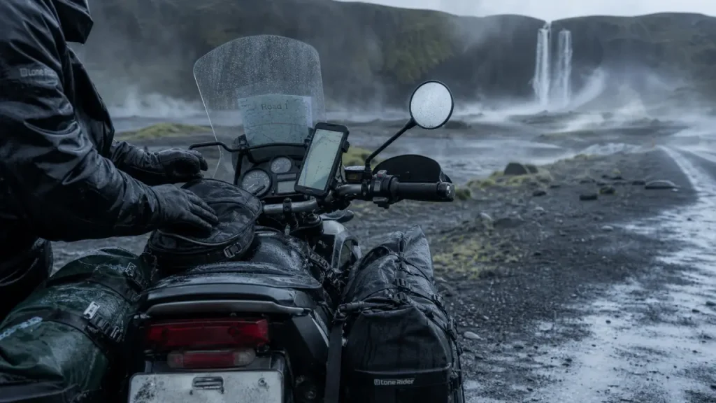 Motorbike road trip en Islande : moto sur route côtière, gravier mouillé et pluie