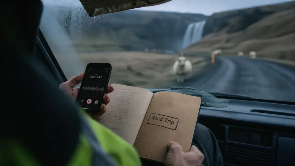 Movies on road trip : téléphone audio et carnet sur un road trip en voiture, vue sur route islandaise