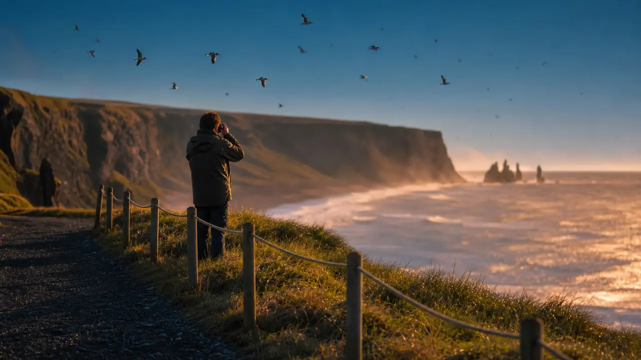 Oiseaux islande : macareux volant près de Dyrhólaey