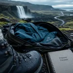 Préparer voyage Islande : botte et sac randonnée sur sentier de lave