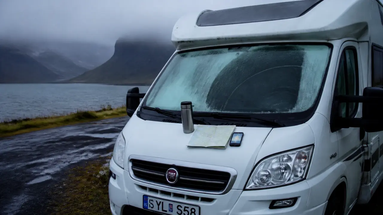 Récit de voyage en islande en camping-car : camping-car blanc sur aire près d’un fjord, météo froide et route humide