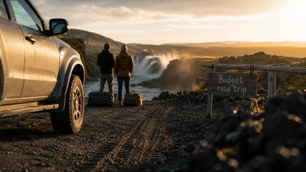 Road trip Islande 15 jours prix : 4x4 et voyageurs près d’une cascade