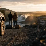 Road trip Islande 15 jours prix : 4x4 et voyageurs près d’une cascade