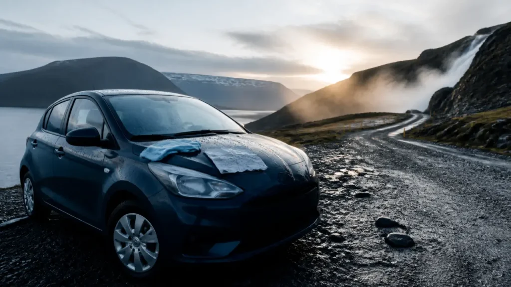 Road trip Islande été : voiture devant une cascade, vapeur et fjord