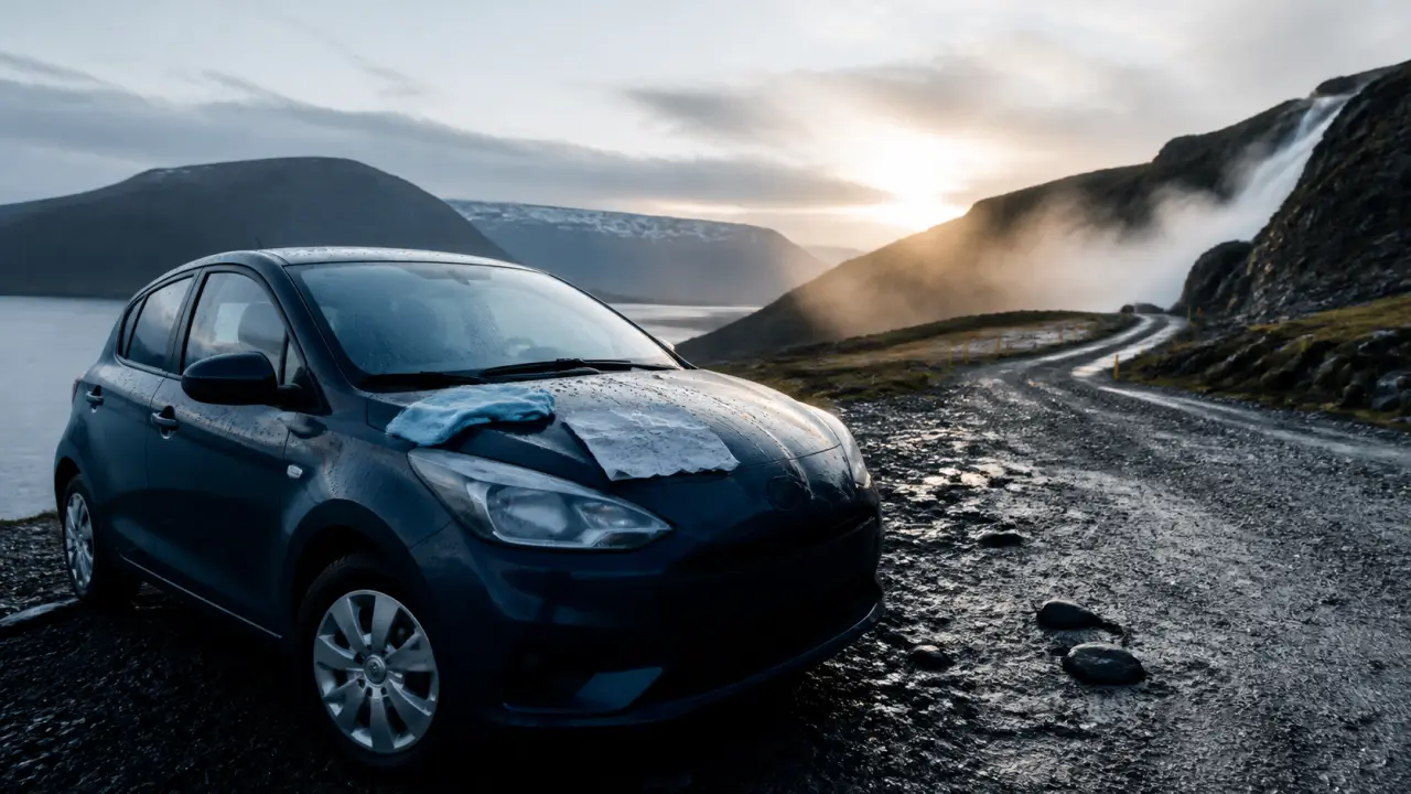Road trip Islande été : voiture devant une cascade, vapeur et fjord