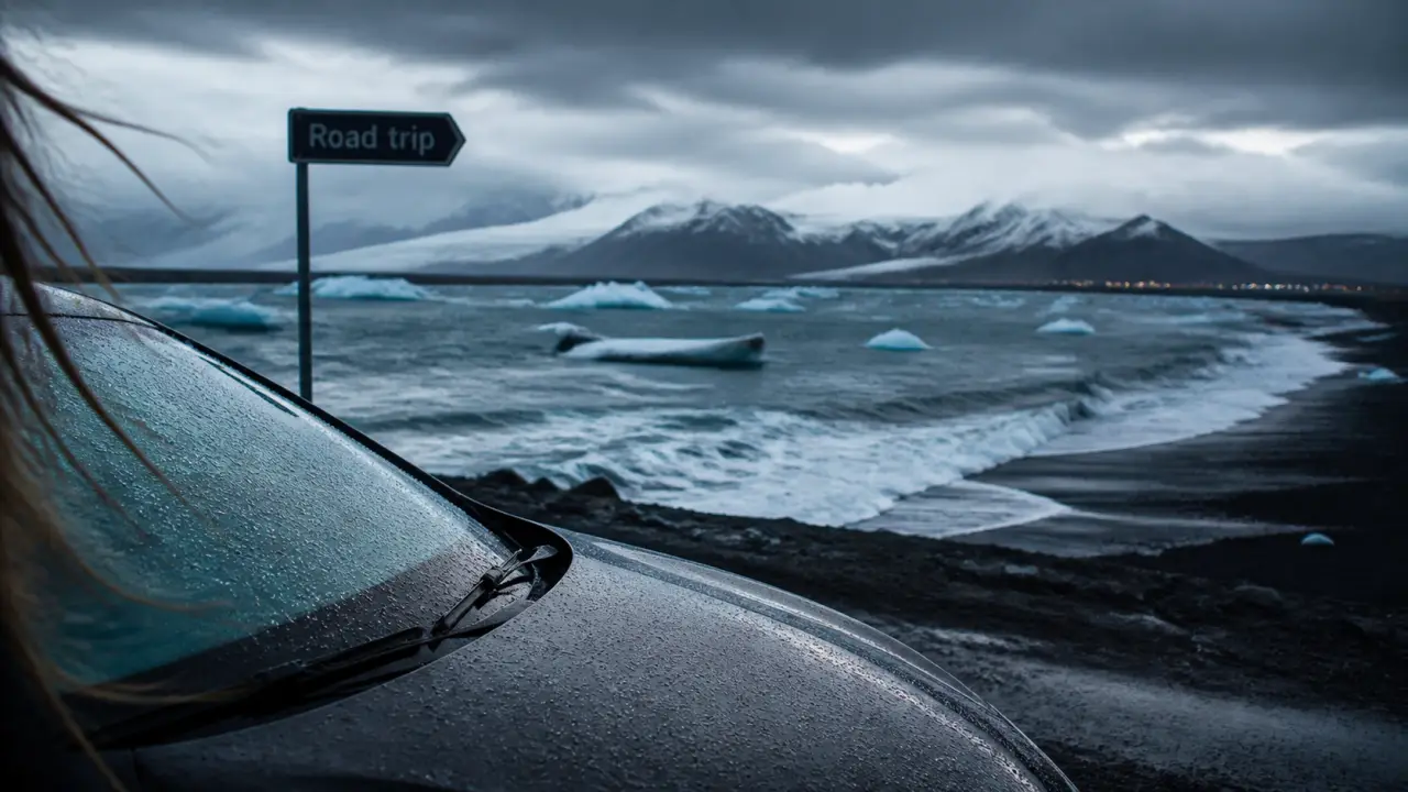 Road trip Islande une semaine : voiture et lagune glaciaire noire