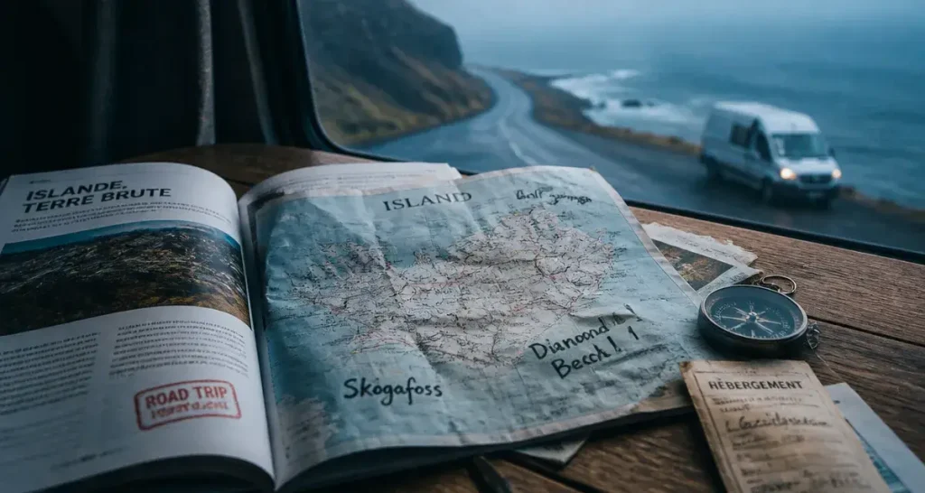 Road trip magazine : carte d’Islande annotée, magazine et boussole, van dans le brouillard