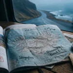Road trip magazine : carte d’Islande annotée, magazine et boussole, van dans le brouillard