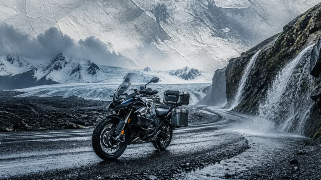 Road trip moto Islande : moto sur piste volcanique avec gravier et cascade