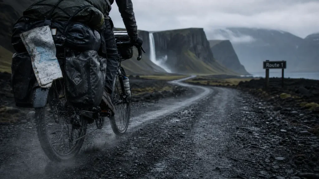 Road trip velo en Islande : roue de vélo chargée sur route de gravier près d’un champ de lave