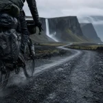 Road trip velo en Islande : roue de vélo chargée sur route de gravier près d’un champ de lave