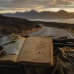 route circulaire islande : carnet de route et boussole sur la route