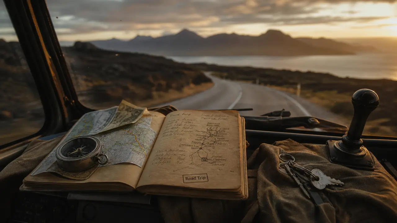 route circulaire islande : carnet de route et boussole sur la route