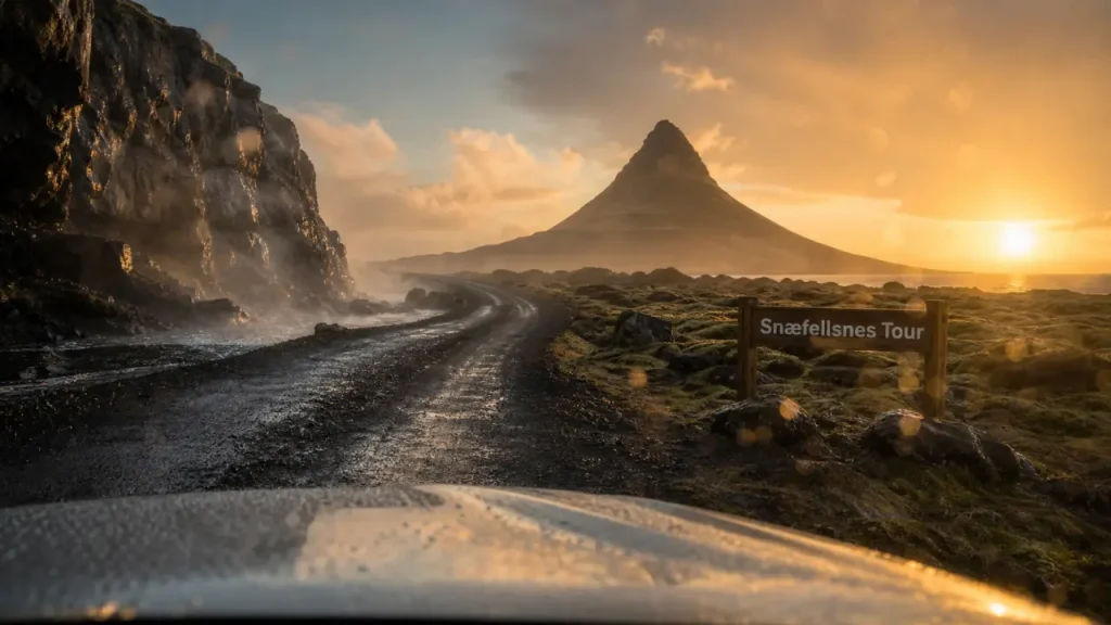 Snæfellsnes peninsula : route côtière et Kirkjufell au coucher du soleil
