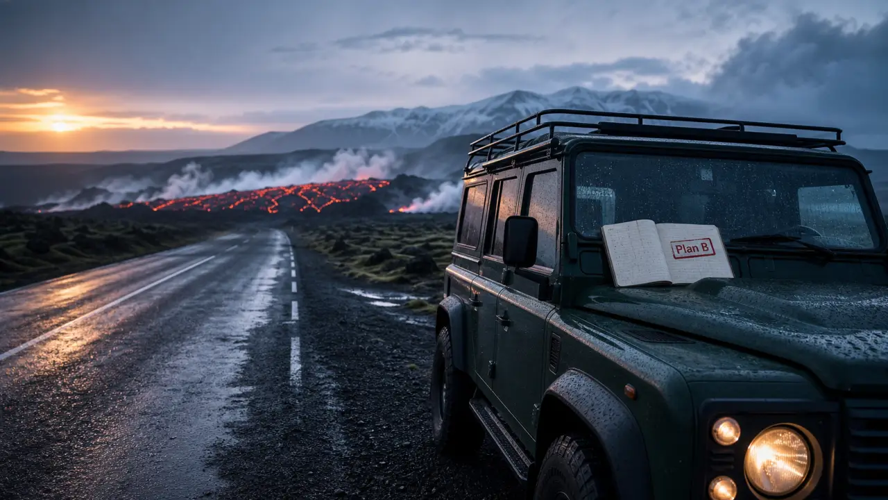 Volcan islande : route et 4x4 près de la lave fumante