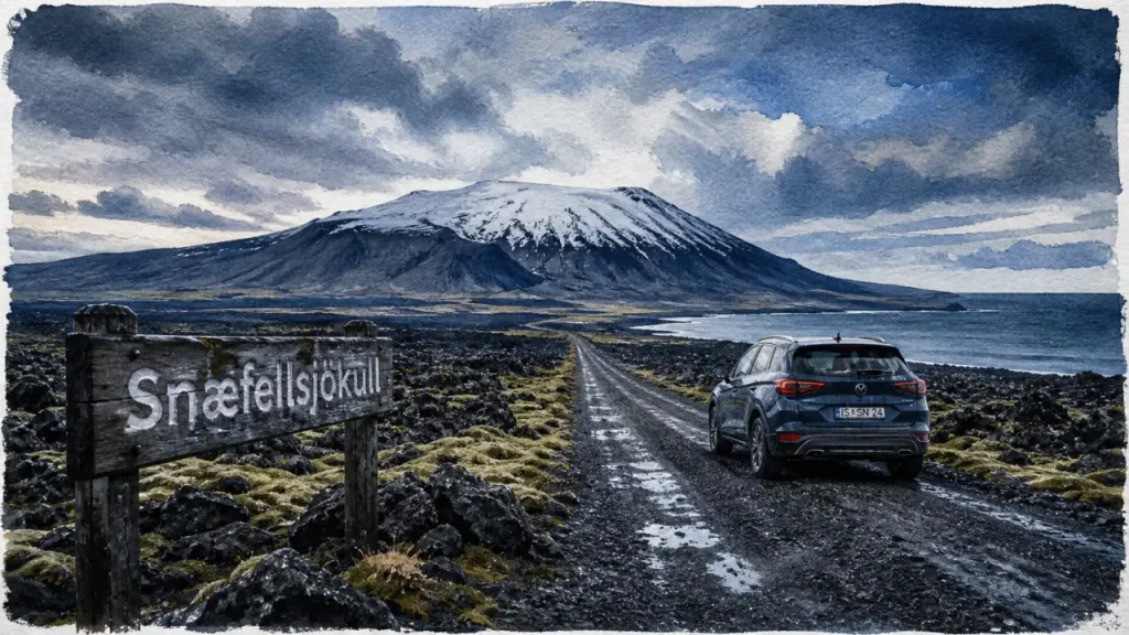 Voyage au centre de la terre en Islande : route vers Snæfellsjökull et glacier.